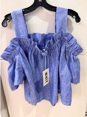 WHIT Linen Crop Top Size Medium – Blue, Off-Shoulder, Puff Sleeve, NWT